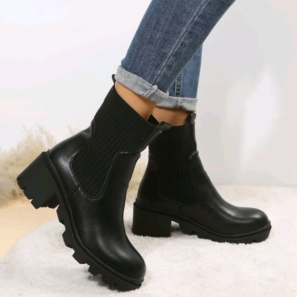 Black Chelsea Boots, Minimalist Slip-on Thick Bottom Sock Boots - Picture 4 of 6